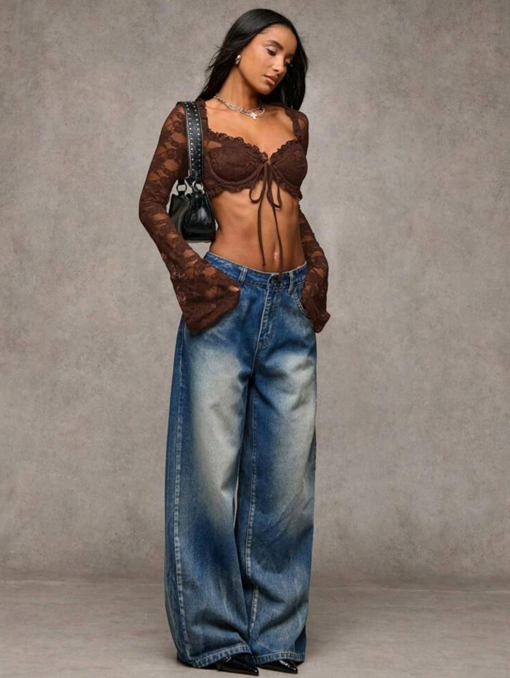 SHEIN Brown Lace Tie-Front Long Sleeve Crop Top - Picture 3 of 5